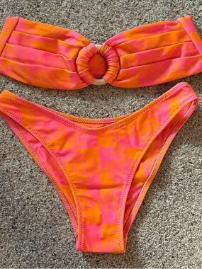 Neon Orange & Pink Bandeau Bikini with Ring Accent